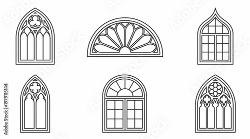Collection of various gothic and arched window designs in outline form.