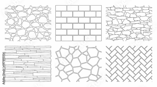 Set of six distinct hand-drawn stone and brick wall patterns.