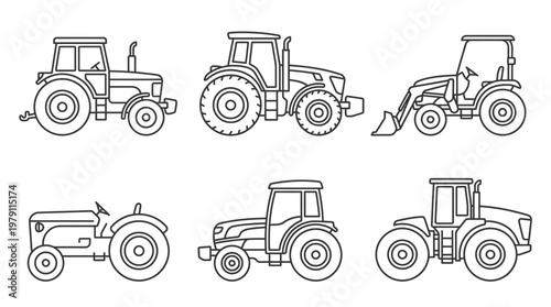 Collection of various farm tractors in outline style, agricultural machinery set.