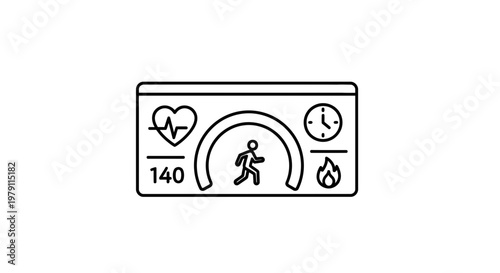 Fitness tracker dashboard showing heart rate, running person, time, and calories burned icon