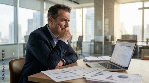 A businessman in a suit sits at a desk with a laptop and financial reports, looking concerned