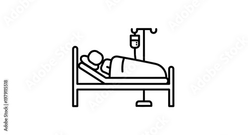 Hospital bed with patient and IV drip, medical care, healthcare icon, illness treatment, recovery concept