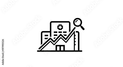 Hospital Building with Upward Trend Graph and Magnifying Glass Icon - Healthcare Analytics Concept