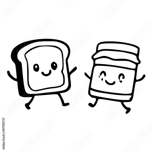 hand drawn kawaii sliced bread and jam character sketch design