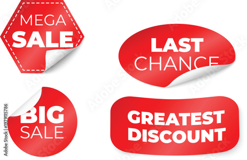 Red sale stamps showcasing discounts, mega sales, and last chance offers