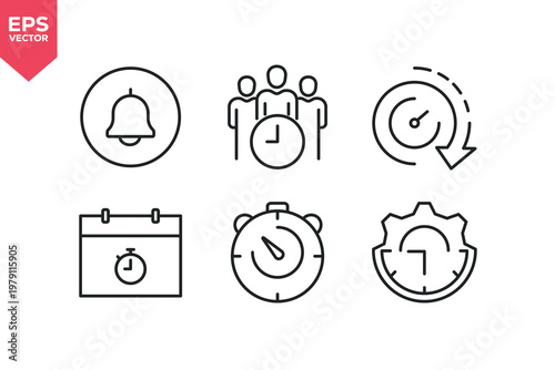 Set of line icons related to calendar, hour glass, routine, schedule, past time, watch. Editable stroke. Vector illustration
