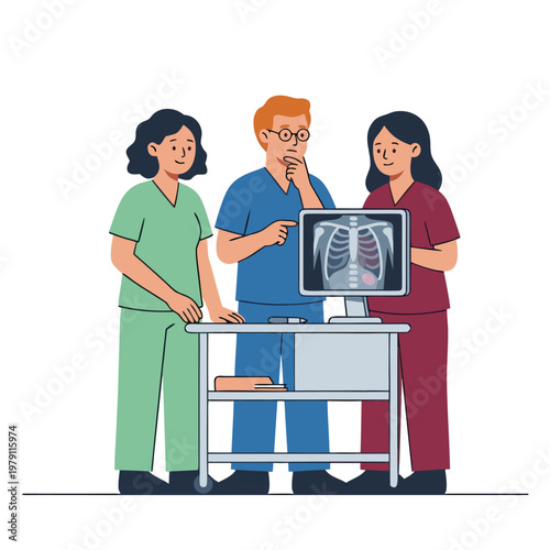 Medical professionals examining an Xray image on a computer screen.