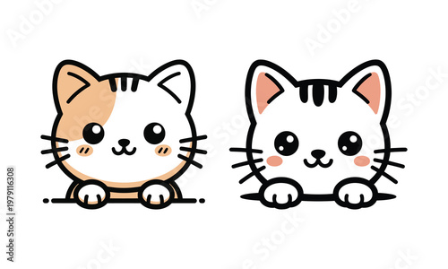 Adorable kawaii cartoon cats peeking over a surface with cute whiskers and blushing cheeks