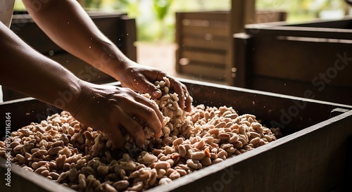 Artisan hands process raw cacao beans in a wooden fermentation box showcasing a traditional agricultural method for chocolate production with natural sunlight and a lush outdoor environment