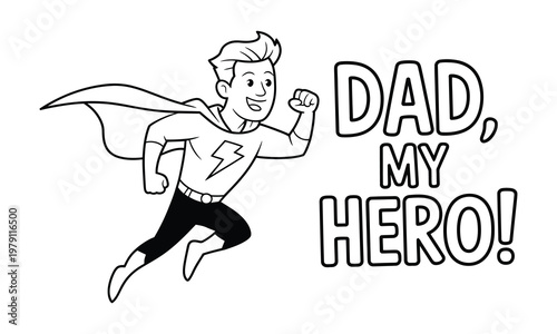 Cartoon dad dressed as a superhero running with a cape and lightning bolt symbol on shirt