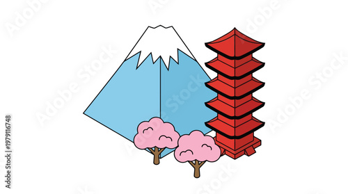 Japanese pagoda with pink trees.