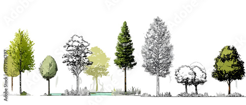 건축 설계 및 조경 디자인 프로젝트를 위해 흰색 배경 위에 나란히 배치된 다양한 수종의 나무 스케치와 일러스트레이션 모음으로 평면도 및 입면도 제작에 유용한 그래픽 디자인 소스 모음입니다.