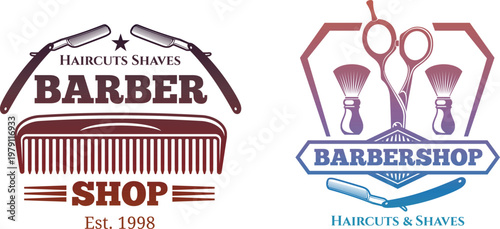Classic barber shop logos with scissors, combs and razors design elements