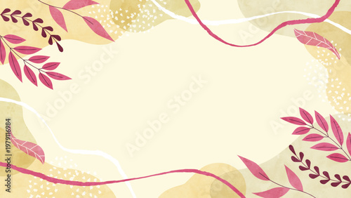 秋の植物と葉の水彩背景フレーム ノスタルジックな空気感の飾り枠