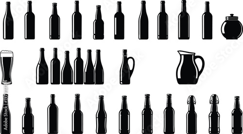 A collection of black silhouette glassware including various bottle shapes a pitcher and a mug high quality professional detailed modern elegant