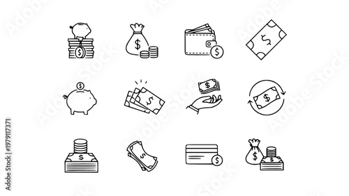 Flat icons of money, banking, and financial transactions. Ideal for business, finance, and economy topics.