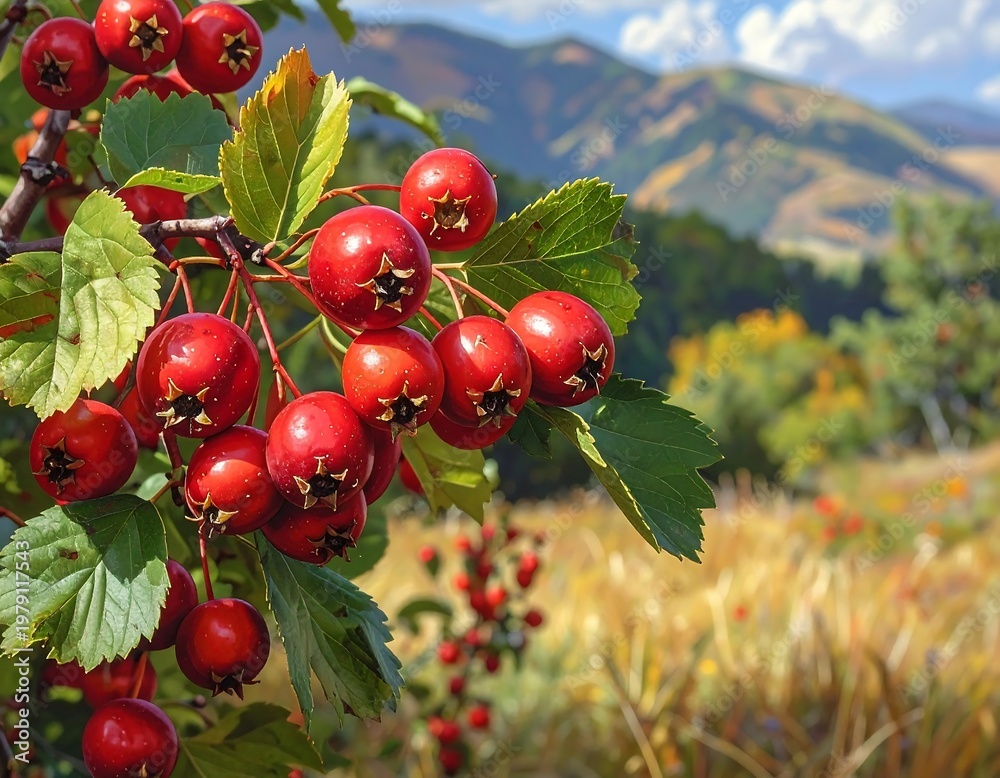 Obraz premium A bush of vibrant red berries in a serene natural landscape