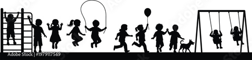 Black silhouettes of children playing outdoors on playground with swings, ladder, jump rope, balloon, and dog in joyful activity