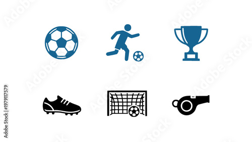 Icons representing soccer, trophies, and sports activities. Suitable for fitness and game-related designs.