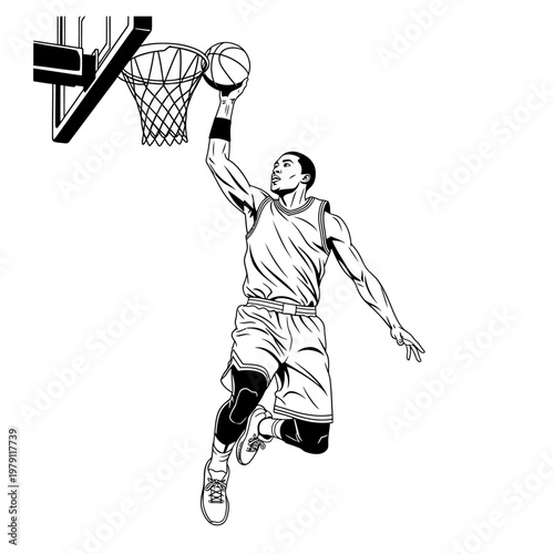 Basketball player performing a slam dunk in a dynamic black and white illustration.