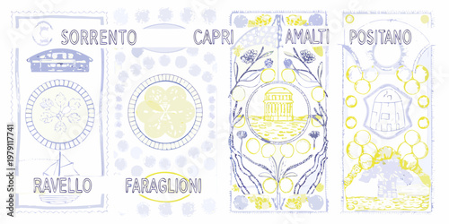 Vintage travel postcards depict coastal towns along the amalfi coast