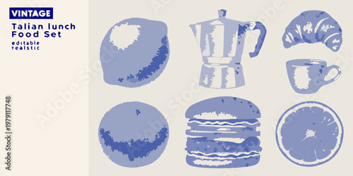 Vintage italian lunch food set with croissants and coffee elements