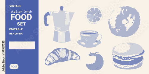 Vintage italian lunch food set illustration with coffee and pastries