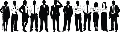 Business team silhouettes with men and women in formal attire, corporate professionals standing together, black vector illustration isolated