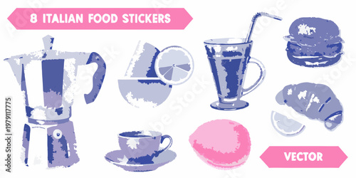 Italian food and beverage stickers including coffee croissant and citrus