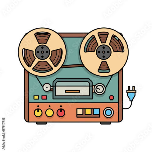 Vintage reel-to-reel tape recorder illustration with colorful design and details.