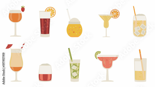 Assorted colorful summer cocktails and juice drinks in glasses