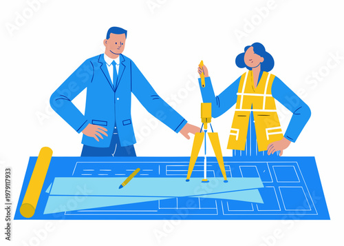 Architect and surveyor collaborating over building plans and surveying equipment
