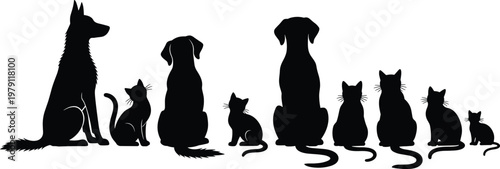 Collection of dog and cat silhouettes in sitting poses, pet animal vector set for domestic life, companion, and animal illustration
