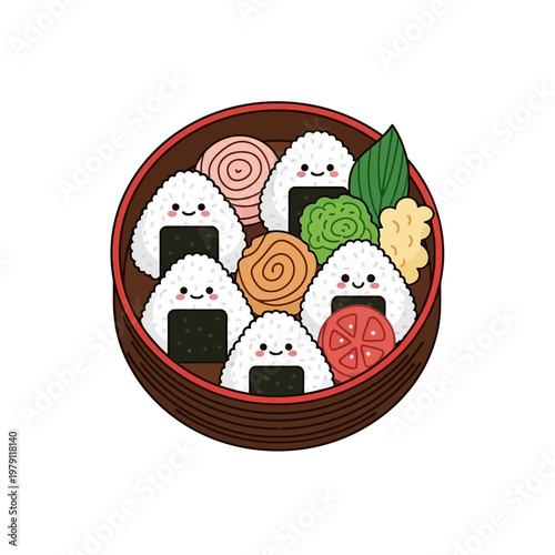 Cute illustration of a Japanese onigiri bento box with smiling rice balls.
