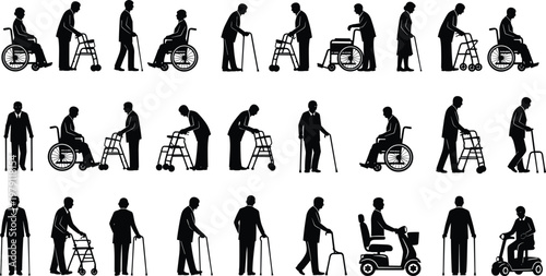 Collection of elderly people silhouettes with walking aids, wheelchairs and mobility devices, senior lifestyle vector set for healthcare, support and aging concept