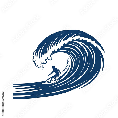 Silhouette of a surfer riding a large ocean wave in the sea.