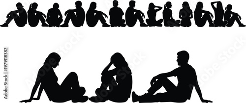 Collection of people sitting silhouettes in relaxed poses, human vector set for lifestyle design, casual scenes, and social illustration