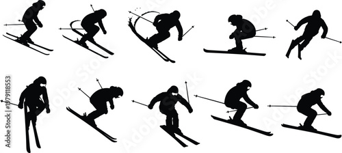 Collection of skier silhouettes in dynamic action poses, winter sports vector set for skiing, adventure, and outdoor activity illustration