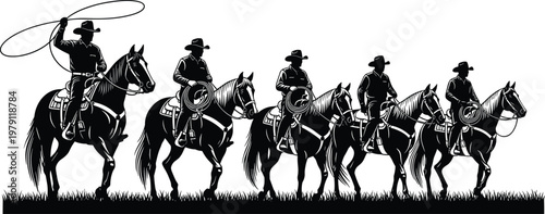 Cowboy riders on horseback silhouettes with lasso action, western ranch scene vector illustration of horsemen isolated on white background