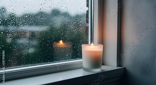 Lilin putih menyala di ambang jendela dengan kaca basah oleh tetesan air hujan di hari mendung.