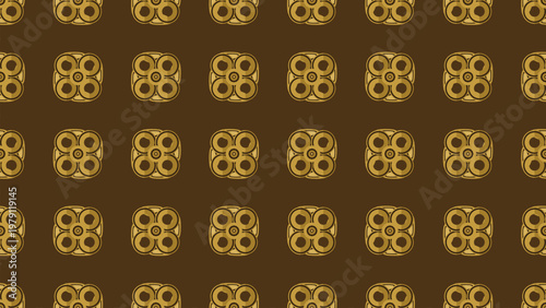 Traditional African Adinkra pattern vector, ethnic gold geometric symbols on brown background, cultural tribal motif seamless wallpaper, decorative West African textile design element