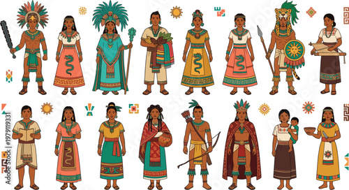 Ancient Indigenous Tribe Characters Collection with Traditional Ethnic Costumes Warriors and Cultural Elements Flat Vector Illustration Set