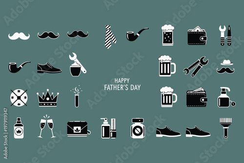 Father's day icon set celebrating masculinity with tools drinks and classic symbols