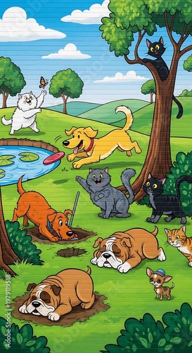 Dogs Playing in Green Grass Park.