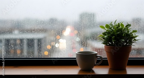 Secangkir kopi dan tanaman hias di ambang jendela kayu saat hujan turun.