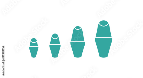 Four Teal Matryoshka Dolls Lined Up in Increasing Size on White Background