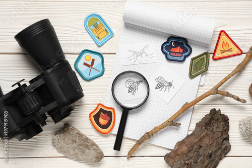 Bild auf Leinwand Scout badges, notebook with drawings of insects, magnifier and binoculars on whi