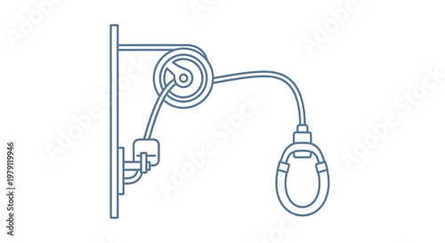 Industrial pulley system with rope and hook on wall mount, mechanical engineering concept