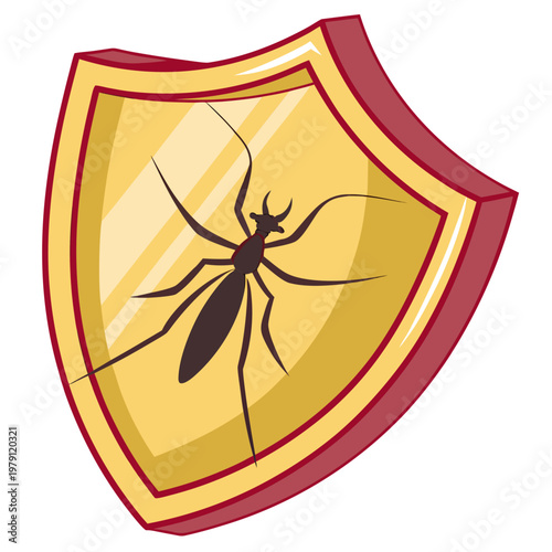 Dark mosquito on golden shield vector illustration, insect on an emblem, pest control symbol, parasite protection, stylized creature.