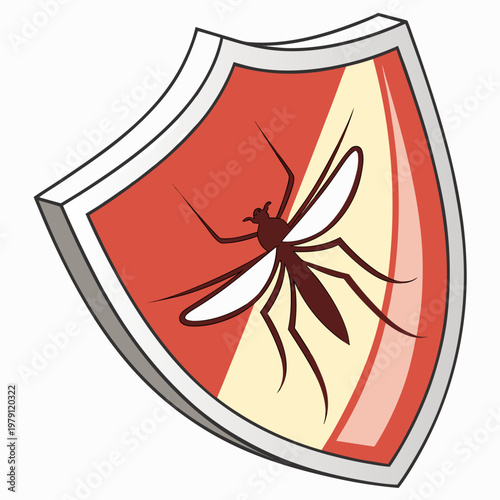 Brown mosquito on red shield vector illustration, insect on an emblem, pest control symbol, parasite protection, stylized creature.